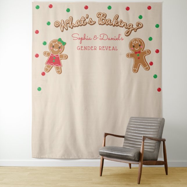 Gingerbread Gender Reveal Banner Photo Backdrop Tapestry (In Situ)