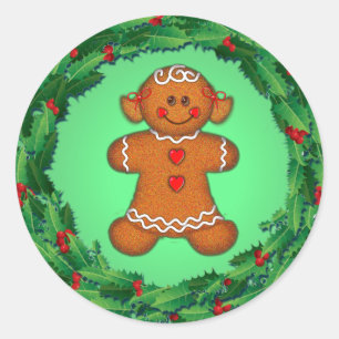 GINGERBREAD GIRL & HOLLY WREATH by SHARON SHARPE Classic Round Sticker