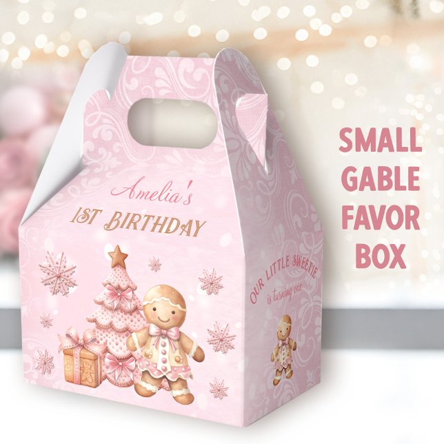 Gingerbread Girl Pink Christmas 1st Birthday Gable Favour Box (Gingerbread Birthday Small Gable Favor Boxes -You can choose from 3 sizes of these gable favor boxes)
