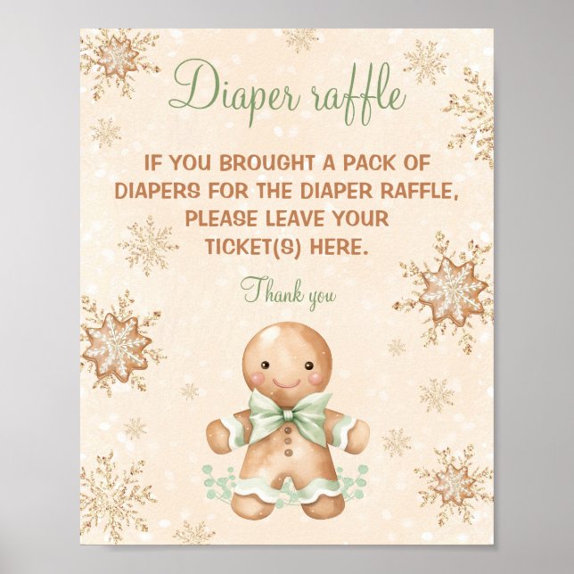 Gingerbread Green Baby Shower Diaper Raffle Sign (Front)