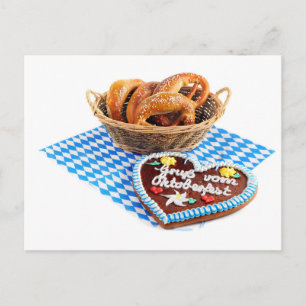 Gingerbread heart with pretzel. Oktoberfest Postcard