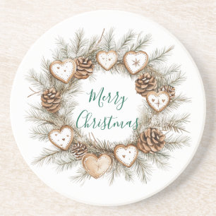 Gingerbread Hearts Pine Cones Wreath Christmas Coaster