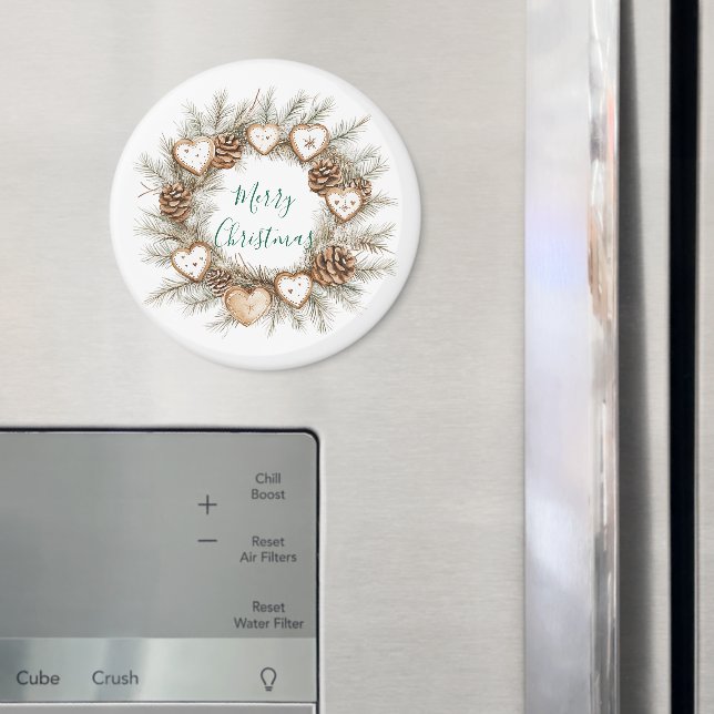 Gingerbread Hearts Pine Cones Wreath Christmas Magnet (In Situ (Fridge))