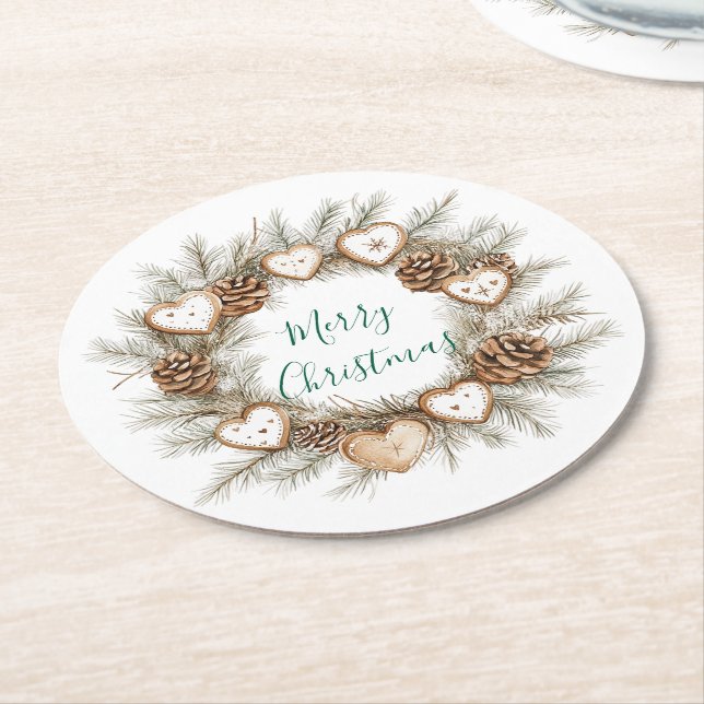 Gingerbread Hearts Pine Cones Wreath Christmas Round Paper Coaster (Angled)
