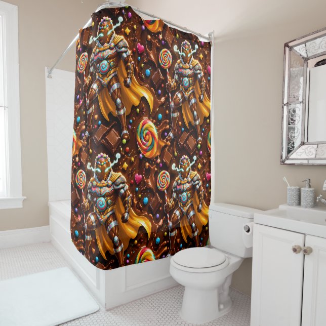 Gingerbread hero Warrior shower curtain candy choc (In Situ)