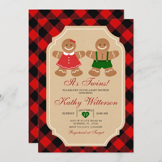 Gingerbread Holiday It's Twins Baby Shower Invitation (Front/Back)