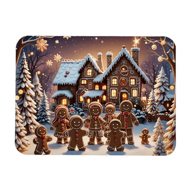Gingerbread house and cute gingerbread family  magnet (Horizontal)