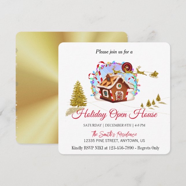 Gingerbread House and Golden Santa Claus Holiday C Card (Front/Back)