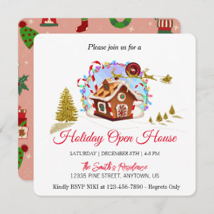 Gingerbread House and Golden Santa Claus Holiday Card