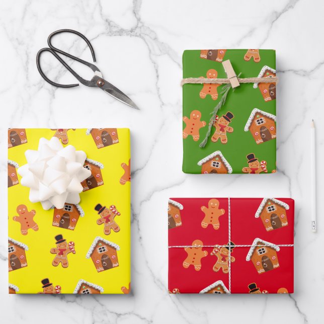 Gingerbread House and Men Christmas Wrapping Paper Sheet (Front)