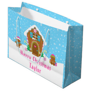 Gingerbread House Blue and Pink Merry Christmas Large Gift Bag