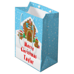 Gingerbread House Blue and Red Merry Christmas Medium Gift Bag