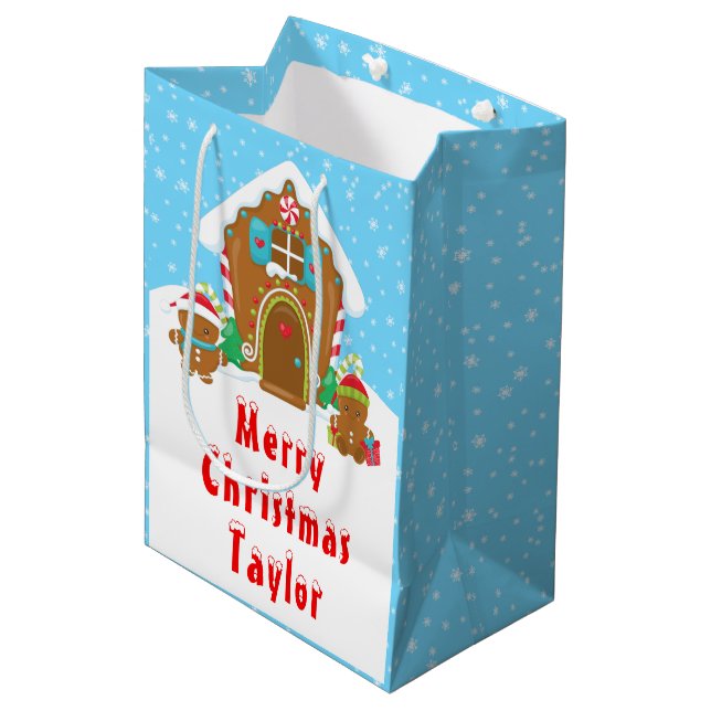 Gingerbread House Blue and Red Merry Christmas Medium Gift Bag (Front Angled)