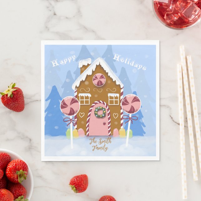 Gingerbread House Blue Holiday Paper Napkins (Insitu)