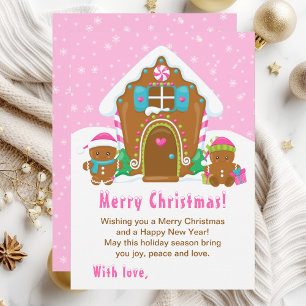 Gingerbread House Bright Pink Merry Christmas Holiday Card