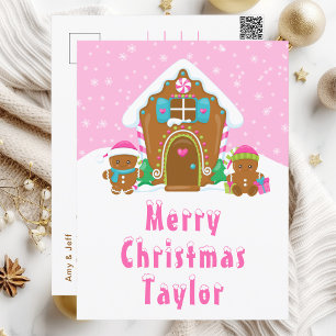Gingerbread House Bright Pink Merry Christmas Holiday Postcard