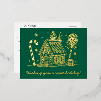 Gingerbread House | Candy Cane Green  Foil Holiday Postcard