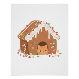 Gingerbread House Cat Christmas Poster