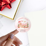 Gingerbread House Christmas Birthday Thank you Classic Round Sticker<br><div class="desc">Embrace the magic of the holidays with our Pink Gingerbread House Birthday Thank You stickers. Make your celebration memorable with these charming party thank-you favour stickers. They're a sweet way to express your heartfelt thanks. Make your child's party unforgettable—spread love, and share joy. Edit Text by clicking Personalise. Matching items...</div>
