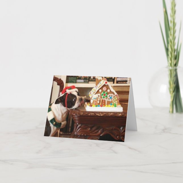 Gingerbread House Christmas Card Boston terrier (Front)