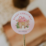 Gingerbread House Christmas  Classic Round Sticker<br><div class="desc">Merry Christmas Pink Gingerbread House Round Sticker is perfect for gift tags,  envelope seals,  and favour bags. Edit Text by clicking Personalise. Matching items in our store Cava party design.</div>
