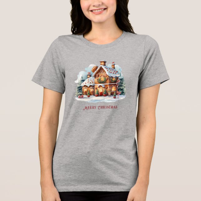 Gingerbread House Christmas Holiday Women's Tri-Blend Shirt (Front)