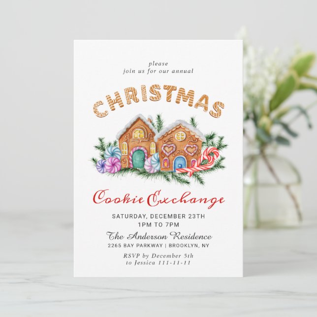 Gingerbread House Cookie Exchange Christmas Invitation (Standing Front)