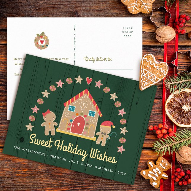 Gingerbread House Cookie Sweet Wishes Green Rustic Holiday Postcard (Choose from 3 colors!)