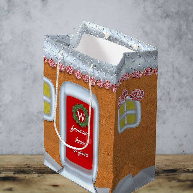 Gingerbread House Custom Christmas Holiday Medium Gift Bag (Add your festive greeting to the candy red door and your initial to the christmas wreath)