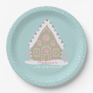 Gingerbread House Decorating Birthday Blue Paper Plate