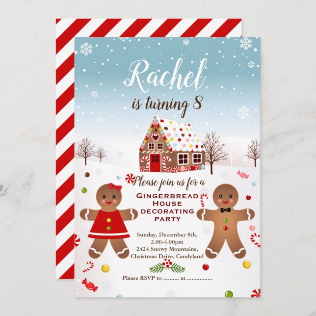 Gingerbread house decorating birthday party invite (Front/Back)