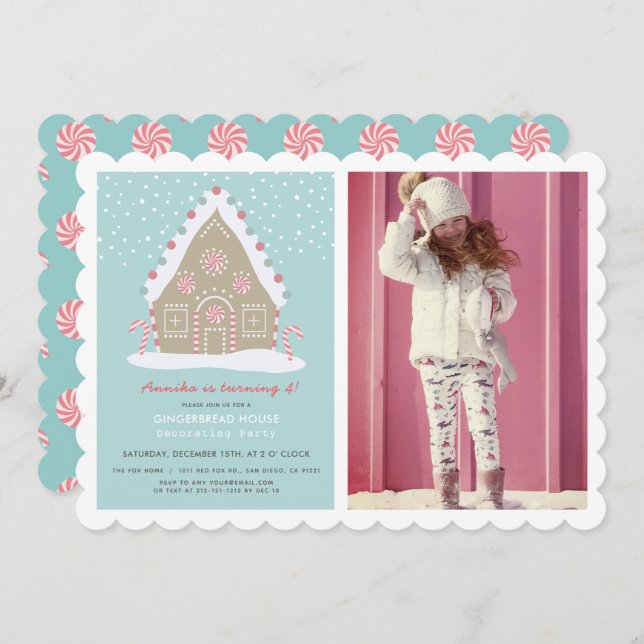 Gingerbread House Decorating Blue Birthday Photo Invitation (Front/Back)