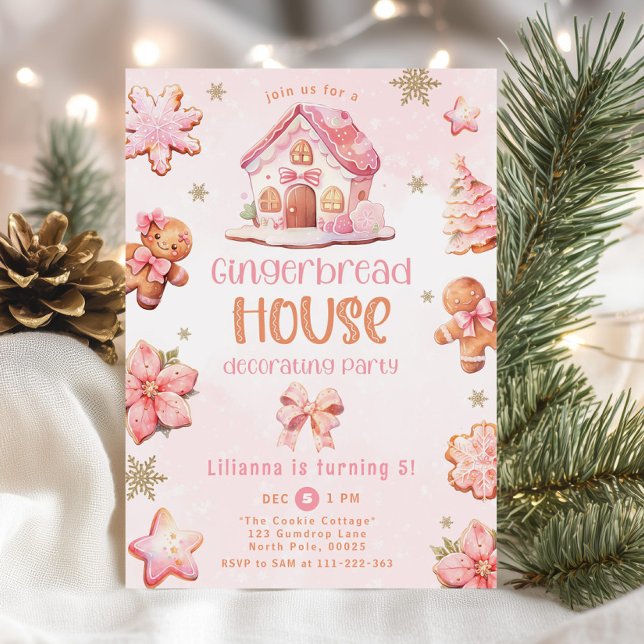 Gingerbread house decorating party pink Birthday Invitation (Creator Uploaded)