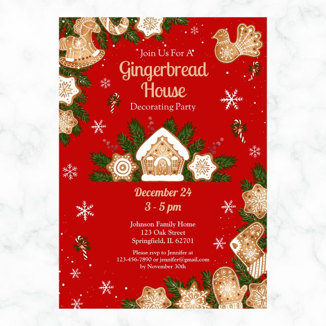 Gingerbread House Decorating Party Red & Green Invitation (Creator Uploaded)