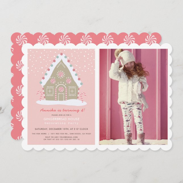 Gingerbread House Decorating Pink Birthday Photo Invitation (Front/Back)