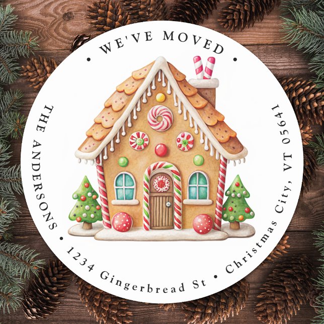 Gingerbread House Home Holiday Moving New Address Classic Round Sticker (Creator Uploaded)