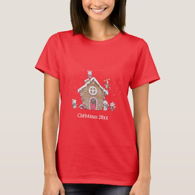 Gingerbread House Ice Skating Animals Custom Text  T-Shirt (Front)