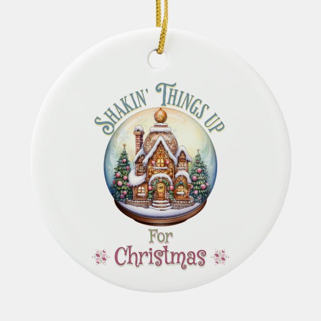 Gingerbread House in Snow Globe Christmas Holiday Ceramic Tree Decoration (Front)