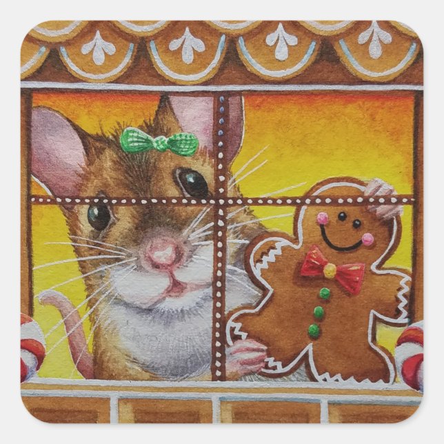 Gingerbread House Mouse & Cookie Watercolor Art Square Sticker (Front)