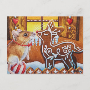 Gingerbread House Mouse & Reindeer Watercolor Art Postcard