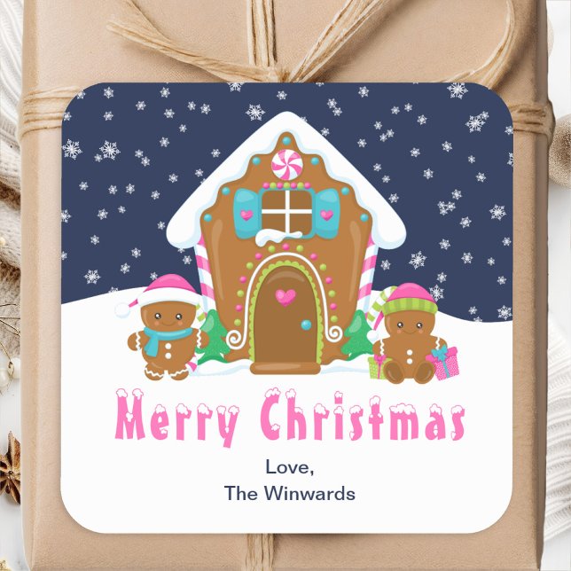 Gingerbread House Navy and Pink Merry Christmas Square Sticker (Creator Uploaded)