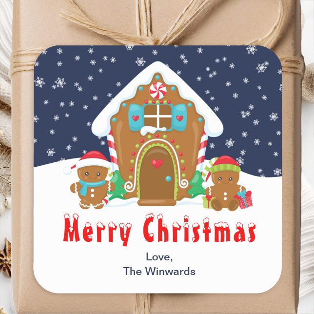 Gingerbread House Navy and Red Merry Christmas Square Sticker (Creator Uploaded)