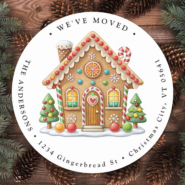 Gingerbread House New Address Home Holiday Moving Classic Round Sticker (Creator Uploaded)