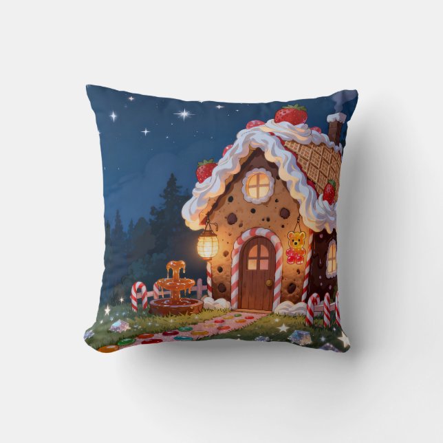 Gingerbread House Night Throw Pillow (Front)
