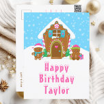 Gingerbread House Pink and Blue Happy Birthday Postcard<br><div class="desc">This cute and festive birthday postcard can be personalised with a name or title such as daughter, granddaughter, niece, friend etc. The design features a cute gingerbread house decorated with pink and green Christmas candy. Beside it are adorable gingerbread men with gifts, dressed in Santa hats and a scarf. In...</div>