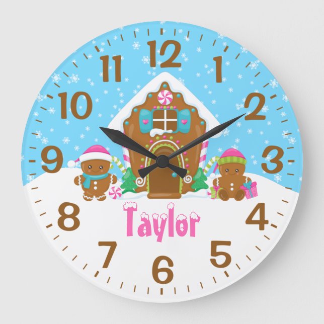 Gingerbread House Pink and Blue Large Clock (Front)