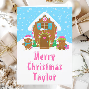 Gingerbread House Pink and Blue Merry Christmas Holiday Card