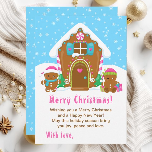 Gingerbread House Pink and Blue Merry Christmas Holiday Card (Creator Uploaded)