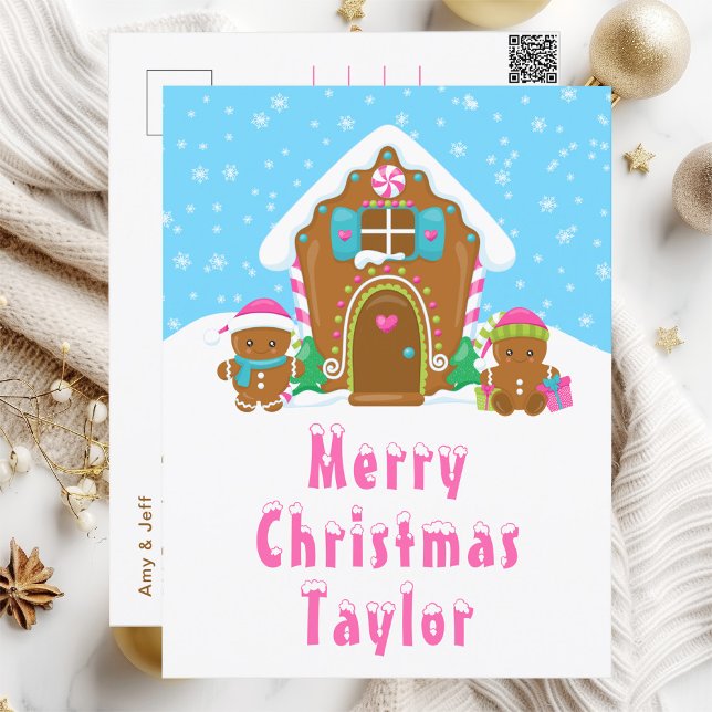Gingerbread House Pink and Blue Merry Christmas Holiday Postcard (Creator Uploaded)