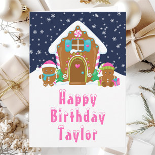 Gingerbread House Pink and Navy Happy Birthday Card